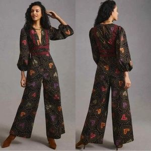 NWT Farm Rio Anthropologie Jumpsuit V Neck Summer Tropical Hearts Black Large